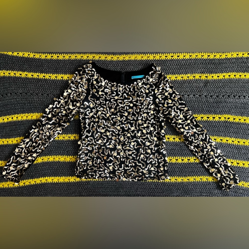Alice + Olivia Sequin Long Sleeve Silk Evening Top Blouse Size Small